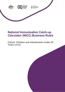 Cover of the National Immunisation Catch-up Calculator business rules, version 4.6, for children and adolescents under 20 years.