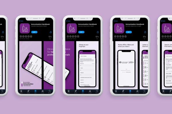 Australian Immunisation Handbook app Image showing promotional shots of the Australian Immunisation Handbook mobile app